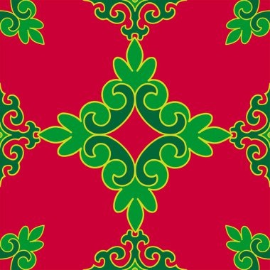 Tam bir Tatar deseni. İslami geometri. Tatar halkının kültürü, yeşil ve kırmızı sembolleri.