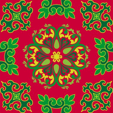 Tam bir Tatar deseni. İslami geometri. Tatar halkının kültürü, yeşil ve kırmızı sembolleri.