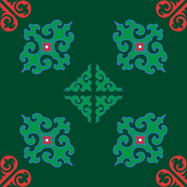 Tam bir Tatar deseni. İslami geometri. Tatar halkının kültürü, yeşil ve kırmızı sembolleri.