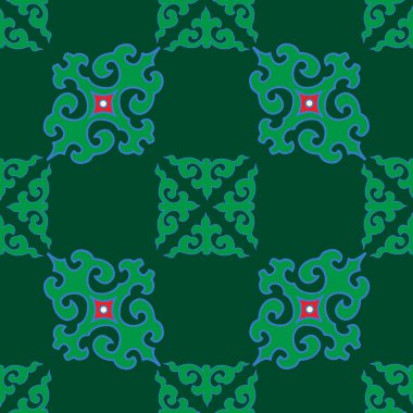 Tam bir Tatar deseni. İslami geometri. Tatar halkının kültürü, yeşil ve kırmızı sembolleri.