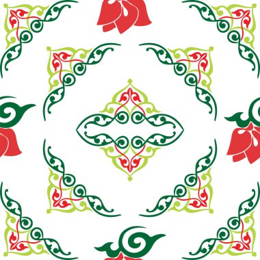 Çiçek desenli lalelerle süslenmiş Tatar Yerlisi. Tatar halkının kültürü, yeşil ve kırmızı sembolleri..