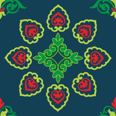 Tatar dikişsiz desen. İslami lale, çiçek geometrisi. Tatar halkının kültürü, yeşil ve kırmızı sembolleri.