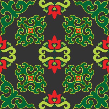 Tatar dikişsiz desen. İslami lale, çiçek geometrisi. Tatar halkının kültürü, yeşil ve kırmızı sembolleri.