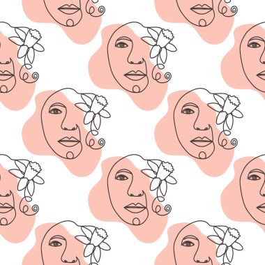 Ana hatlı kadın yüzü, soyut çiçek yaprakları, kesintisiz çizim şekli. Kadın portresi