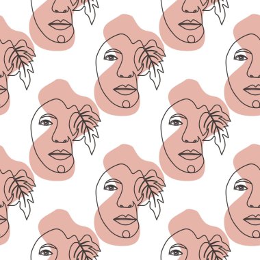 Ana hatlı kadın yüzü, soyut çiçek yaprakları, kesintisiz çizim şekli. Kadın portresi