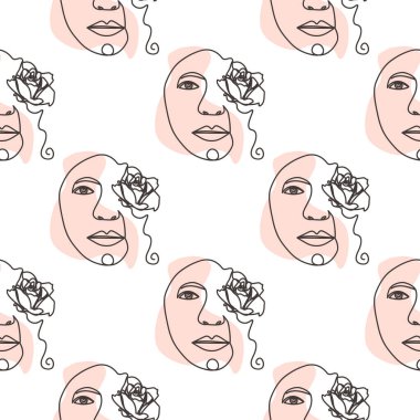 Ana hatlı kadın yüzü, soyut çiçek yaprakları, kesintisiz çizim şekli. Kadın portresi