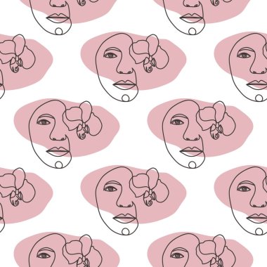 Ana hatlı kadın yüzü, soyut çiçek yaprakları, kesintisiz çizim şekli. Kadın portresi