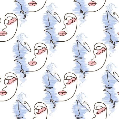 Kadın, kesintisiz hatlarla karşı karşıya. Kelebekli soyut kadın portresi. Çizim vektörü, duvar kağıdı, kumaş, ambalaj kağıdı, kart, poster