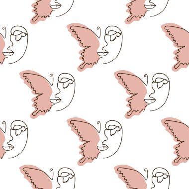 Kadın, kesintisiz hatlarla karşı karşıya. Kelebekli soyut kadın portresi. Çizim vektörü, duvar kağıdı, kumaş, ambalaj kağıdı, kart, poster