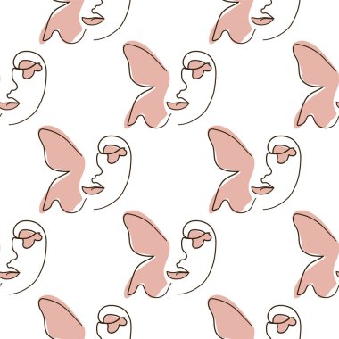 Kadın, kesintisiz hatlarla karşı karşıya. Kelebekli soyut kadın portresi. Çizim vektörü, duvar kağıdı, kumaş, ambalaj kağıdı, kart, poster