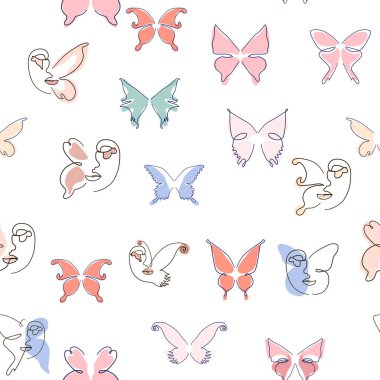 Kadın, kesintisiz hatlarla karşı karşıya. Kelebekli soyut kadın portresi. Çizim vektörü, duvar kağıdı, kumaş, ambalaj kağıdı, kart, poster