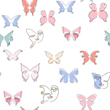 Kadın, kesintisiz hatlarla karşı karşıya. Kelebekli soyut kadın portresi. Çizim vektörü, duvar kağıdı, kumaş, ambalaj kağıdı, kart, poster