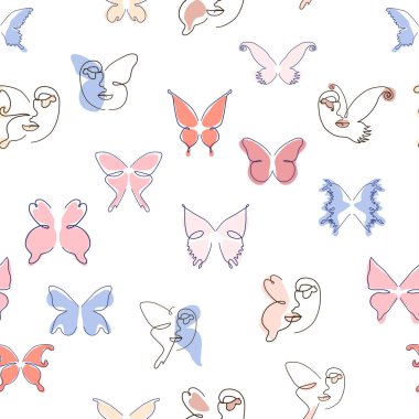 Kadın, kesintisiz hatlarla karşı karşıya. Kelebekli soyut kadın portresi. Çizim vektörü, duvar kağıdı, kumaş, ambalaj kağıdı, kart, poster