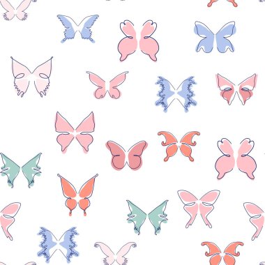 Çizgi sanatı kelebeği çizimleri. Minimalist, soyut, dikişsiz desenler. Tasarım için modern vektör şablonu.