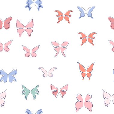 Çizgi sanatı kelebeği çizimleri. Minimalist, soyut, dikişsiz desenler. Tasarım için modern vektör şablonu.