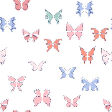 Çizgi sanatı kelebeği çizimleri. Minimalist, soyut, dikişsiz desenler. Tasarım için modern vektör şablonu.