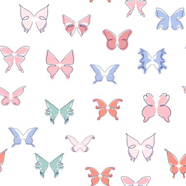 Çizgi sanatı kelebeği çizimleri. Minimalist, soyut, dikişsiz desenler. Tasarım için modern vektör şablonu.