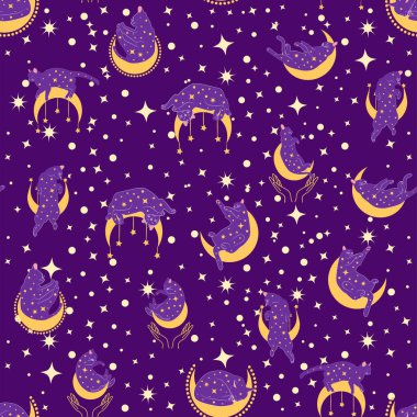 Boho tarzındaki kedilerin mistik kusursuz deseni, siluet koleksiyonu. Ezoterizm, mistisizm, okültizm. Çizgi film düz vektör çizimleri, izole