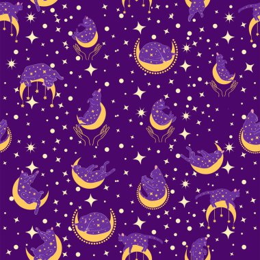 Boho tarzındaki kedilerin mistik kusursuz deseni, siluet koleksiyonu. Ezoterizm, mistisizm, okültizm. Çizgi film düz vektör çizimleri, izole