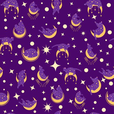 Boho tarzındaki kedilerin mistik kusursuz deseni, siluet koleksiyonu. Ezoterizm, mistisizm, okültizm. Çizgi film düz vektör çizimleri, izole