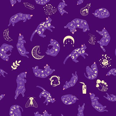 Boho tarzındaki kedilerin mistik kusursuz deseni, siluet koleksiyonu. Ezoterizm, mistisizm, okültizm. Çizgi film düz vektör çizimleri, izole