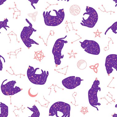 Boho tarzındaki kedilerin mistik kusursuz deseni, siluet koleksiyonu. Ezoterizm, mistisizm, okültizm. Çizgi film düz vektör çizimleri, izole