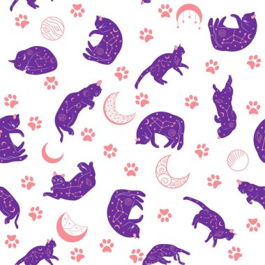 Boho tarzındaki kedilerin mistik kusursuz deseni, siluet koleksiyonu. Ezoterizm, mistisizm, okültizm. Çizgi film düz vektör çizimleri, izole