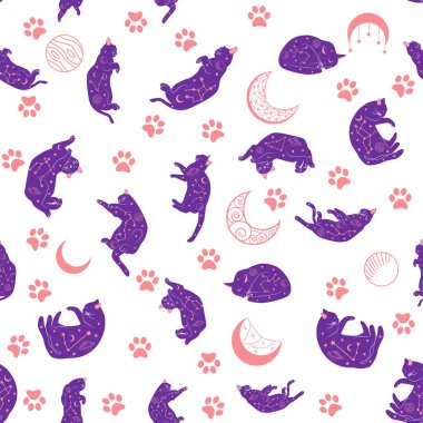 Boho tarzındaki kedilerin mistik kusursuz deseni, siluet koleksiyonu. Ezoterizm, mistisizm, okültizm. Çizgi film düz vektör çizimleri, izole