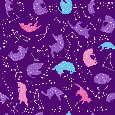 Boho tarzındaki kedilerin mistik kusursuz deseni, siluet koleksiyonu. Ezoterizm, mistisizm, okültizm. Çizgi film düz vektör çizimleri, izole