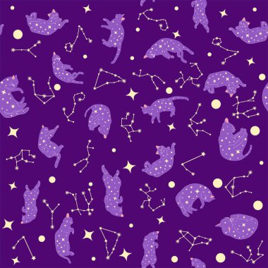 Boho tarzındaki kedilerin mistik kusursuz deseni, siluet koleksiyonu. Ezoterizm, mistisizm, okültizm. Çizgi film düz vektör çizimleri, izole