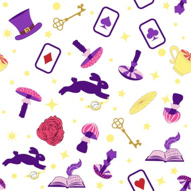 Harikalar Diyarı elementleri tavşan, Cheshire kedisi, flamingo kartları şapka bardağı, mantar ve saat.