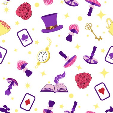 Harikalar Diyarı elementleri tavşan, Cheshire kedisi, flamingo kartları şapka bardağı, mantar ve saat.