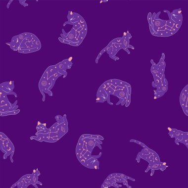 Boho tarzındaki kedilerin mistik kusursuz deseni, siluet koleksiyonu. Büyücülük ve büyü. Ezoterizm, mistisizm, okültizm. Çizgi film düz vektör çizimleri, izole