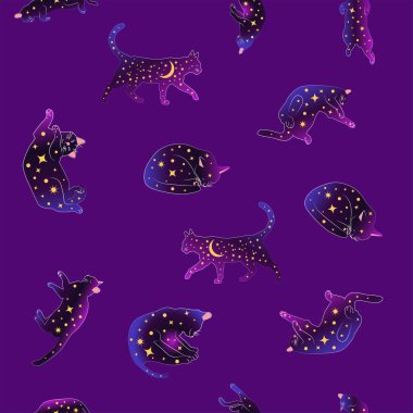 Boho tarzındaki kedilerin mistik kusursuz deseni, siluet koleksiyonu. Büyücülük ve büyü. Ezoterizm, mistisizm, okültizm. Çizgi film düz vektör çizimleri, izole