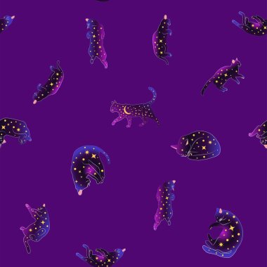 Boho tarzındaki kedilerin mistik kusursuz deseni, siluet koleksiyonu. Büyücülük ve büyü. Ezoterizm, mistisizm, okültizm. Çizgi film düz vektör çizimleri, izole