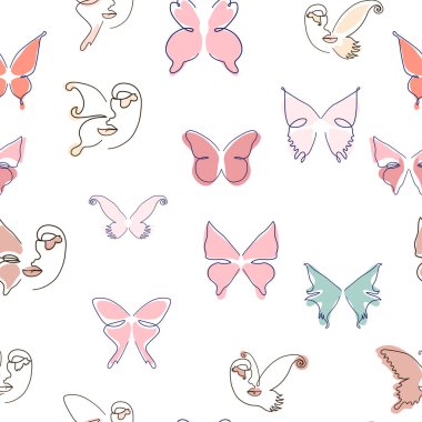 Çizgi sanatı kelebeği çizimleri. Minimalist, soyut, dikişsiz desenler. Tasarım için modern vektör şablonu.