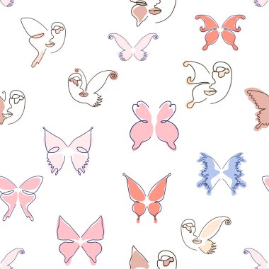Çizgi sanatı kelebeği çizimleri. Minimalist, soyut, dikişsiz desenler. Tasarım için modern vektör şablonu.