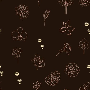 Kadın, kesintisiz hatlarla karşı karşıya. Çiçekli soyut kadın portresi. Çizim vektörü, duvar kağıdı, kumaş, ambalaj kağıdı, kart, poster