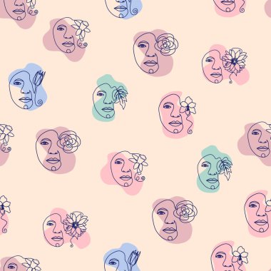 Kadın portresi, kadın yüzü, soyut çiçek yaprakları, çizgi aralıksız çizim kalıbı..