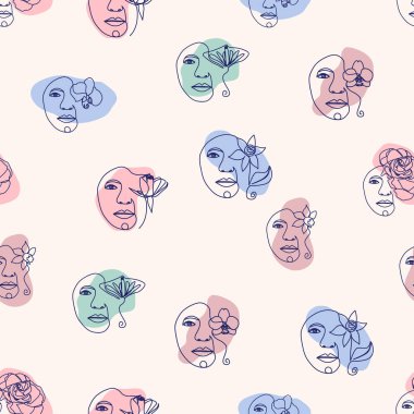 Kadın portresi, kadın yüzü, soyut çiçek yaprakları, çizgi aralıksız çizim kalıbı..