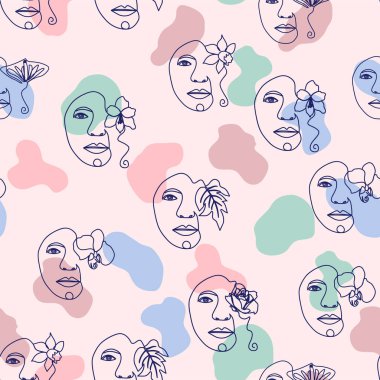 Kadın portresi, kadın yüzü, soyut çiçek yaprakları, çizgi aralıksız çizim kalıbı.