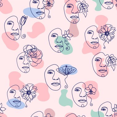 Kadın portresi, kadın yüzü, soyut çiçek yaprakları, çizgi aralıksız çizim kalıbı.