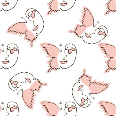 Kadın, kesintisiz hatlarla karşı karşıya. Kelebekli soyut kadın portresi. Çizim vektörü, duvar kağıdı, kumaş, ambalaj kağıdı, kart, poster