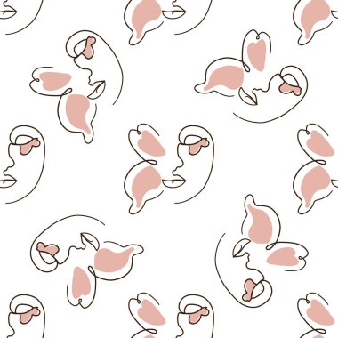 Kadın, kesintisiz hatlarla karşı karşıya. Kelebekli soyut kadın portresi. Çizim vektörü, duvar kağıdı, kumaş, ambalaj kağıdı, kart, poster