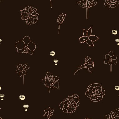 Kadın, kesintisiz hatlarla karşı karşıya. Çiçekli soyut kadın portresi. Çizim vektörü, duvar kağıdı, kumaş, ambalaj kağıdı, kart, poster