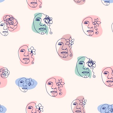 Kadın portresi, kadın yüzü, soyut çiçek yaprakları, çizgi aralıksız çizim kalıbı..