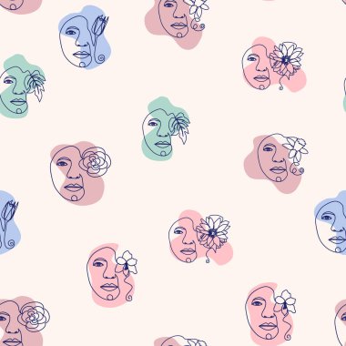 Kadın portresi, kadın yüzü, soyut çiçek yaprakları, çizgi aralıksız çizim kalıbı..