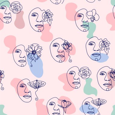 Kadın portresi, kadın yüzü, soyut çiçek yaprakları, çizgi aralıksız çizim kalıbı.