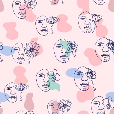 Kadın portresi, kadın yüzü, soyut çiçek yaprakları, çizgi aralıksız çizim kalıbı.