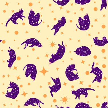 Boho tarzındaki kedilerin mistik kusursuz deseni, siluet koleksiyonu. Ezoterizm, mistisizm, okültizm. Çizgi film düz vektör çizimleri, izole